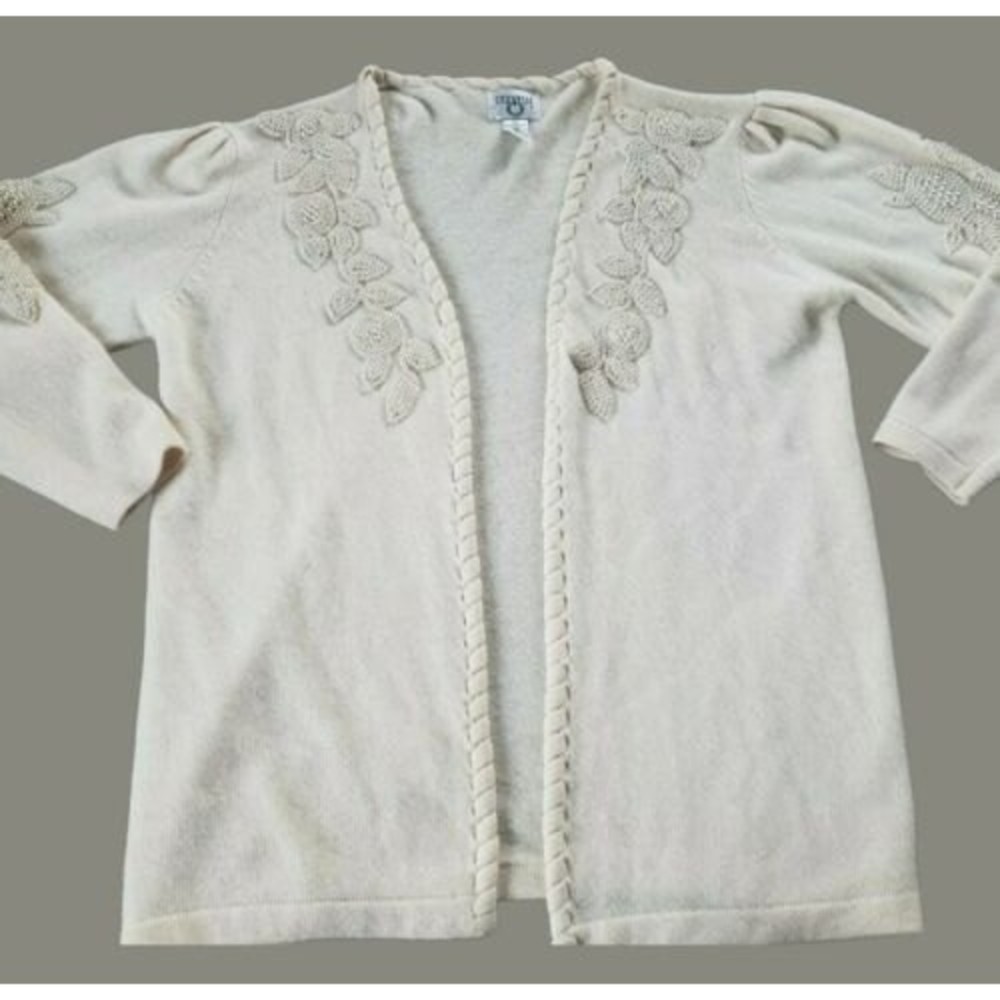 Vintage CERVELLE Open Front‎ Cardigan Cream Embellishment Angora Lambswool